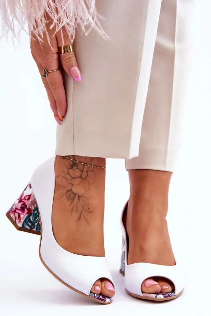 Boto Czółenka Na Słupku|Czółenka Klasyczne*Skórzane Czółenka Z Ozdobnym Obcasem Lewski Shoes 2608/K Biały Groch