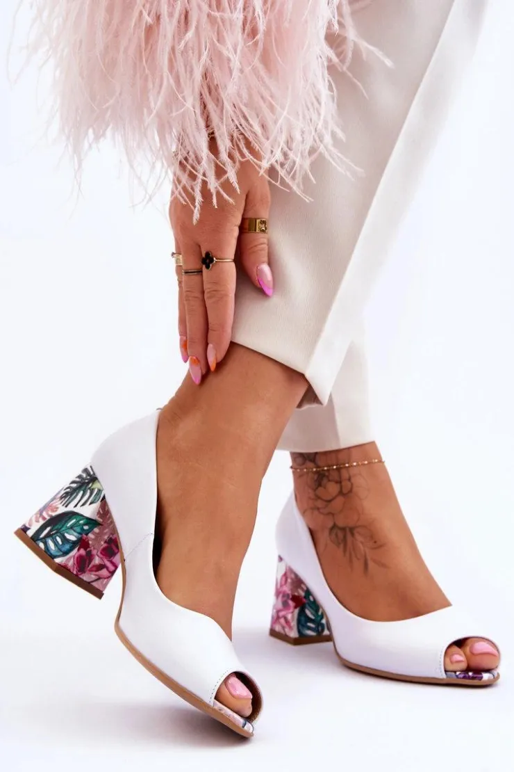 Boto Czółenka Na Słupku|Czółenka Klasyczne*Skórzane Czółenka Z Ozdobnym Obcasem Lewski Shoes 2608/K Biały Groch