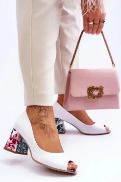 Boto Czółenka Na Słupku|Czółenka Klasyczne*Skórzane Czółenka Z Ozdobnym Obcasem Lewski Shoes 2608/K Biały Groch