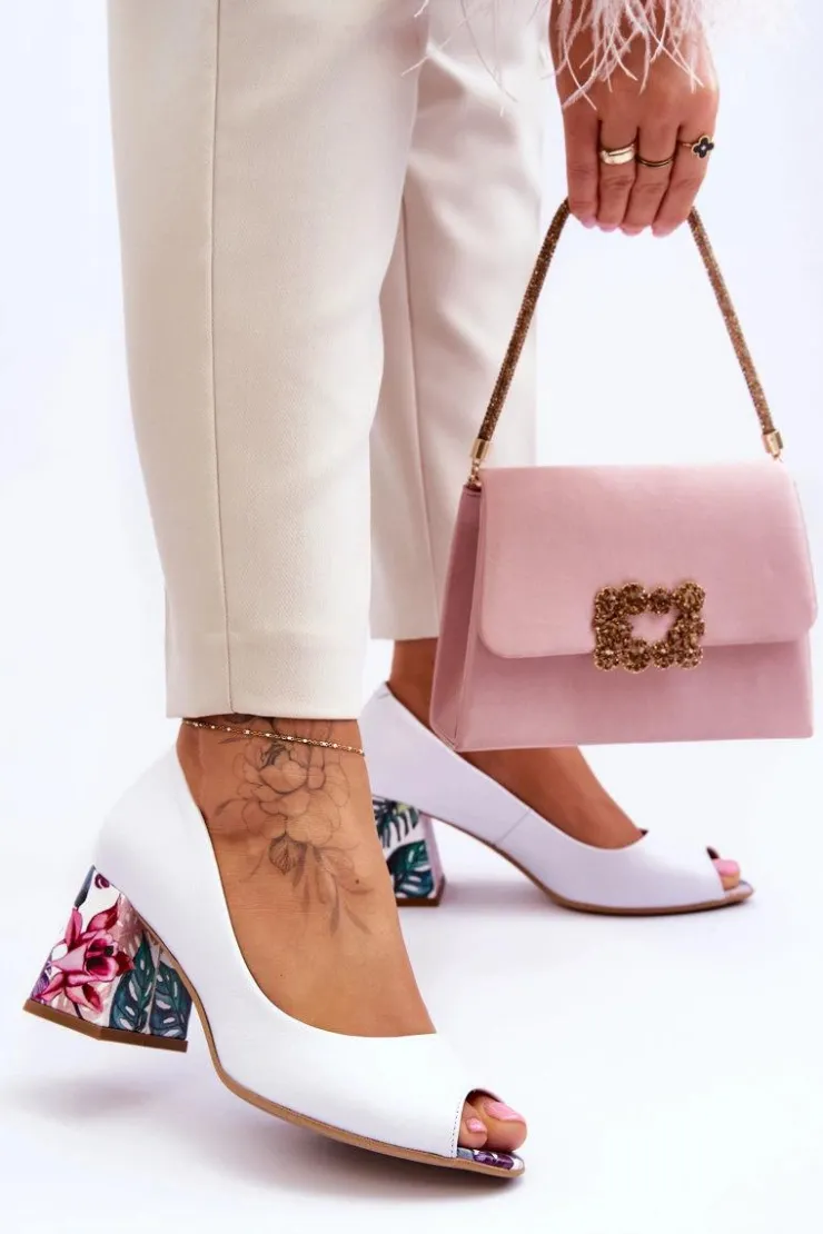 Boto Czółenka Na Słupku|Czółenka Klasyczne*Skórzane Czółenka Z Ozdobnym Obcasem Lewski Shoes 2608/K Biały Groch