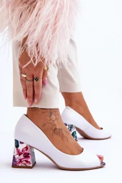 Boto Czółenka Na Słupku|Czółenka Klasyczne*Skórzane Czółenka Z Ozdobnym Obcasem Lewski Shoes 2608/K Biały Groch