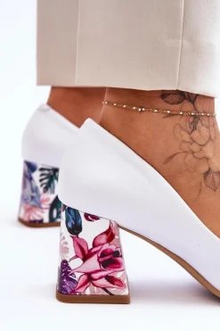 Boto Czółenka Na Słupku|Czółenka Klasyczne*Skórzane Czółenka Z Ozdobnym Obcasem Lewski Shoes 2608/K Biały Groch