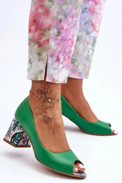 Damskie Boto Skórzane Czółenka Z Ozdobnym Obcasem Lewski Shoes 2608/K Zielone