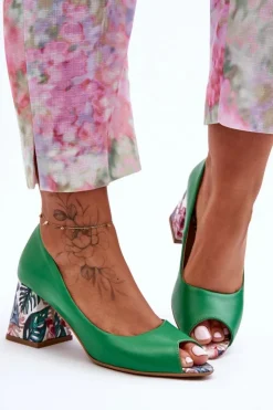 Damskie Boto Skórzane Czółenka Z Ozdobnym Obcasem Lewski Shoes 2608/K Zielone