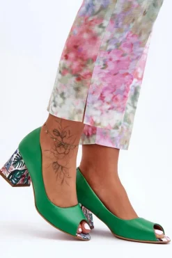 Damskie Boto Skórzane Czółenka Z Ozdobnym Obcasem Lewski Shoes 2608/K Zielone