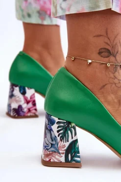 Damskie Boto Skórzane Czółenka Z Ozdobnym Obcasem Lewski Shoes 2608/K Zielone