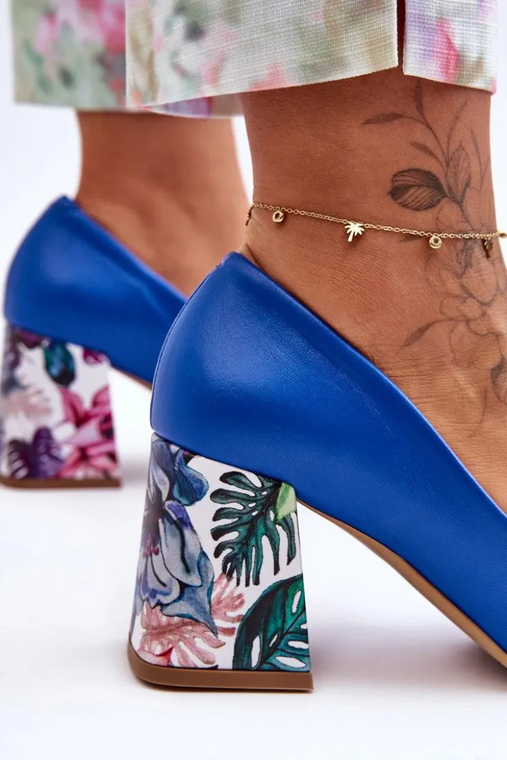 Boto Czółenka Na Słupku|Czółenka Klasyczne*Skórzane Czółenka Z Ozdobnym Obcasem Lewski Shoes 2608/K e Niebieski