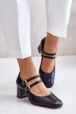 Laura Messi Skórzane Czółenka Z Paskami Na Słupku 2857 Czarne