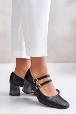 Laura Messi Skórzane Czółenka Z Paskami Na Słupku 2857 Czarne