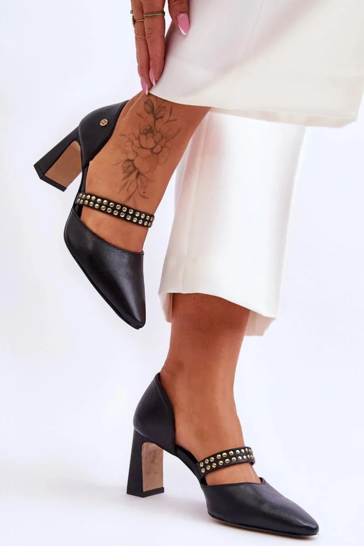 Maciejka Czółenka Na Słupku|Czółenka Klasyczne*Skórzane Czółenka Z Paskiem 05950-01 Czarne