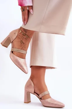 Maciejka Czółenka Na Słupku|Czółenka Klasyczne*Skórzane Czółenka Z Paskiem 05950-33 Różowe