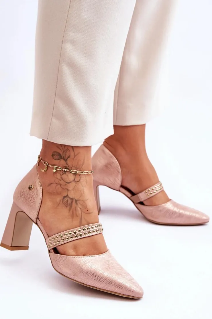 Maciejka Czółenka Na Słupku|Czółenka Klasyczne*Skórzane Czółenka Z Paskiem 05950-33 Różowe