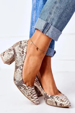 Hot Boto Skórzane Czółenka Z Wężowym Wzorem Lewski Shoes 2801 Złote