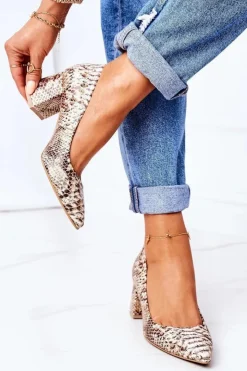 Hot Boto Skórzane Czółenka Z Wężowym Wzorem Lewski Shoes 2801 Złote