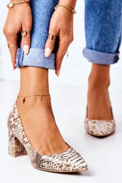 Hot Boto Skórzane Czółenka Z Wężowym Wzorem Lewski Shoes 2801 Złote