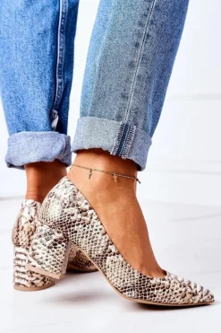 Hot Boto Skórzane Czółenka Z Wężowym Wzorem Lewski Shoes 2801 Złote