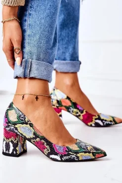 Boto Czółenka Na Słupku*Skórzane Czółenka Z Wężowym Wzorem Lewski Shoes 2801 Kolorowe