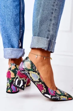 Boto Czółenka Na Słupku*Skórzane Czółenka Z Wężowym Wzorem Lewski Shoes 2801 Kolorowe