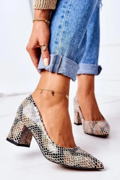 New Boto Skórzane Czółenka Ze Zwierzęcym Wzorem Lewski Shoes 2801 Czarno-Beżowe