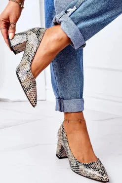 New Boto Skórzane Czółenka Ze Zwierzęcym Wzorem Lewski Shoes 2801 Czarno-Beżowe