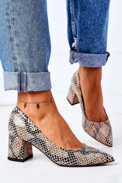 New Boto Skórzane Czółenka Ze Zwierzęcym Wzorem Lewski Shoes 2801 Czarno-Beżowe