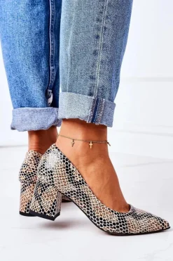 New Boto Skórzane Czółenka Ze Zwierzęcym Wzorem Lewski Shoes 2801 Czarno-Beżowe