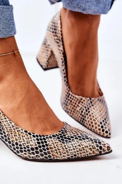 New Boto Skórzane Czółenka Ze Zwierzęcym Wzorem Lewski Shoes 2801 Czarno-Beżowe