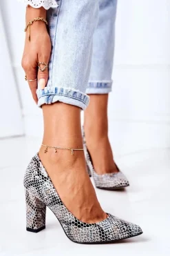 Damskie Boto Skórzane Czółenka Ze Zwierzęcym Wzorem Lewski Shoes 2453 Czarno-Niebieskie