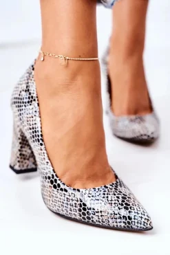 Damskie Boto Skórzane Czółenka Ze Zwierzęcym Wzorem Lewski Shoes 2453 Czarno-Niebieskie