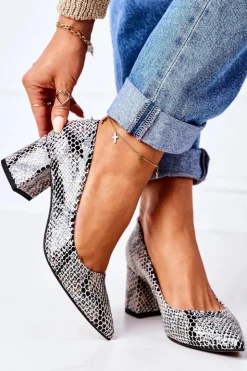 Damskie Boto Skórzane Czółenka Ze Zwierzęcym Wzorem Lewski Shoes 2801 Czarno-Niebieskie