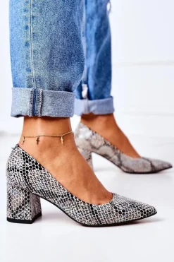 Damskie Boto Skórzane Czółenka Ze Zwierzęcym Wzorem Lewski Shoes 2801 Czarno-Niebieskie