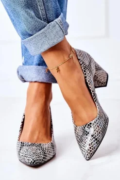 Damskie Boto Skórzane Czółenka Ze Zwierzęcym Wzorem Lewski Shoes 2801 Czarno-Niebieskie