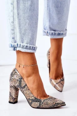 Clearance Boto Skórzane Czółenka Ze Zwierzęcym Wzorem Lewski Shoes 2453 Czarno-Beżowe