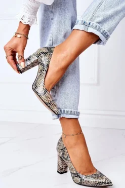 Clearance Boto Skórzane Czółenka Ze Zwierzęcym Wzorem Lewski Shoes 2453 Czarno-Beżowe