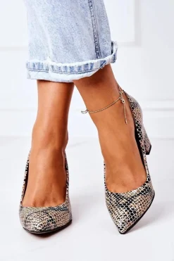 Clearance Boto Skórzane Czółenka Ze Zwierzęcym Wzorem Lewski Shoes 2453 Czarno-Beżowe