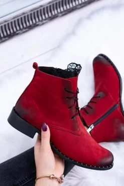 Damskie Boto Skórzane Czerwone Damskie Botki Z Koronką Millano