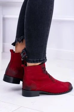 Damskie Boto Skórzane Czerwone Damskie Botki Z Koronką Millano