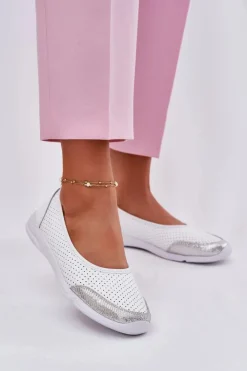 Sale Evento Skórzane Damskie Ażurowe Baleriny Białe Lucy