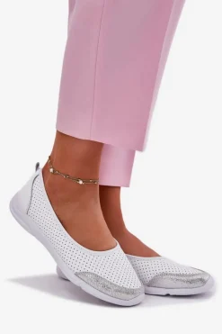 Sale Evento Skórzane Damskie Ażurowe Baleriny Białe Lucy
