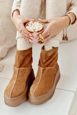 New Zazoo Skórzane Damskie Botki Na Masywnej Podeszwie Camel 3424 Brązowy