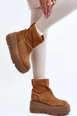 New Zazoo Skórzane Damskie Botki Na Masywnej Podeszwie Camel 3424 Brązowy