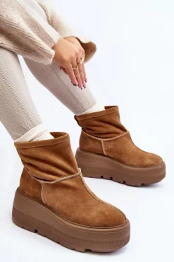 New Zazoo Skórzane Damskie Botki Na Masywnej Podeszwie Camel 3424 Brązowy