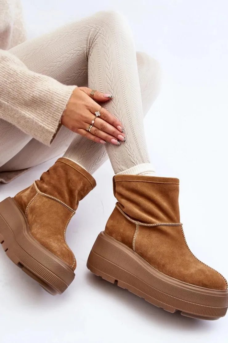 New Zazoo Skórzane Damskie Botki Na Masywnej Podeszwie Camel 3424 Brązowy