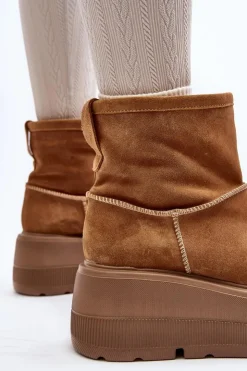 New Zazoo Skórzane Damskie Botki Na Masywnej Podeszwie Camel 3424 Brązowy