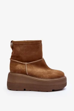 New Zazoo Skórzane Damskie Botki Na Masywnej Podeszwie Camel 3424 Brązowy