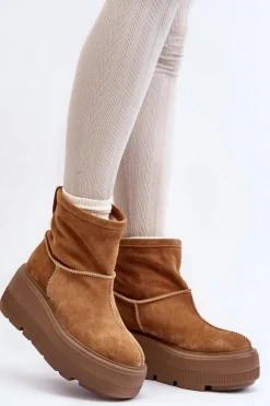 New Zazoo Skórzane Damskie Botki Na Masywnej Podeszwie Camel 3424 Brązowy