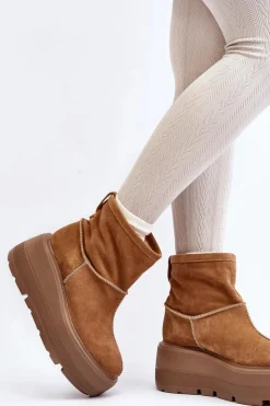 New Zazoo Skórzane Damskie Botki Na Masywnej Podeszwie Camel 3424 Brązowy