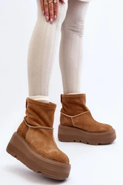 New Zazoo Skórzane Damskie Botki Na Masywnej Podeszwie Camel 3424 Brązowy