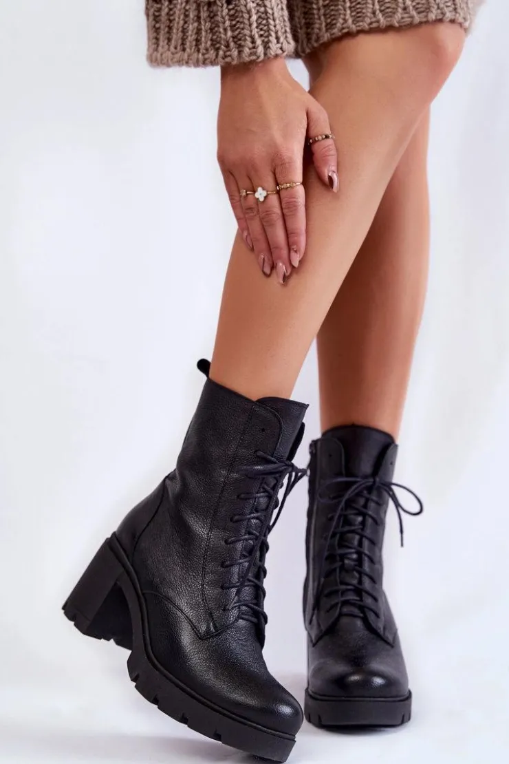 New Boto Skórzane Damskie Botki Na Obcasie Czarne Lemar Rea