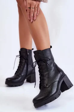 New Boto Skórzane Damskie Botki Na Obcasie Czarne Lemar Rea